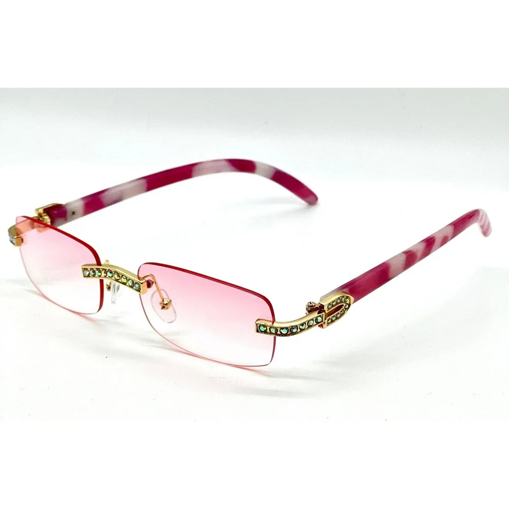 Rimless‎ Pink Gradient Lens Women Sunglasses Embellished Temples Candy Cane Arms